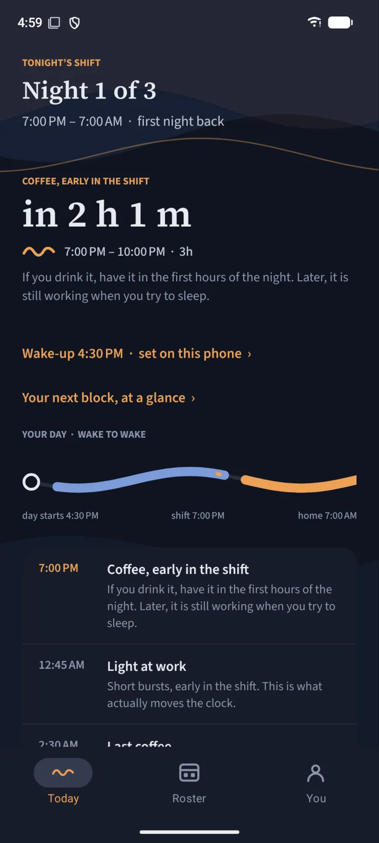 The same Tonight screen on Android: night 1 of 3, coffee early in the shift in 2 hours 1 minute,
                    and the same plan below it.