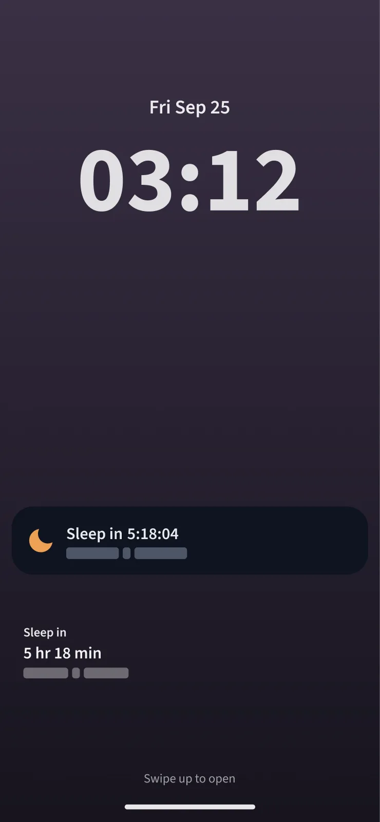 A locked iPhone showing a countdown to the next sleep, as a Live Activity and a
                    lock-screen widget.